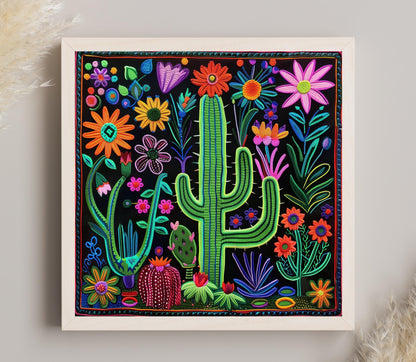 Huichol Cactus Flower Art - Vibrant Mexican Folk Canvas Print | Southwestern Wall Decor - Antarmada