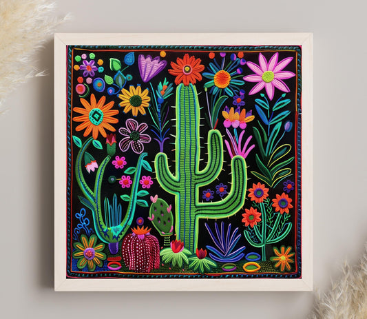 Huichol Cactus Flower Art - Vibrant Mexican Folk Canvas Print | Southwestern Wall Decor - Antarmada
