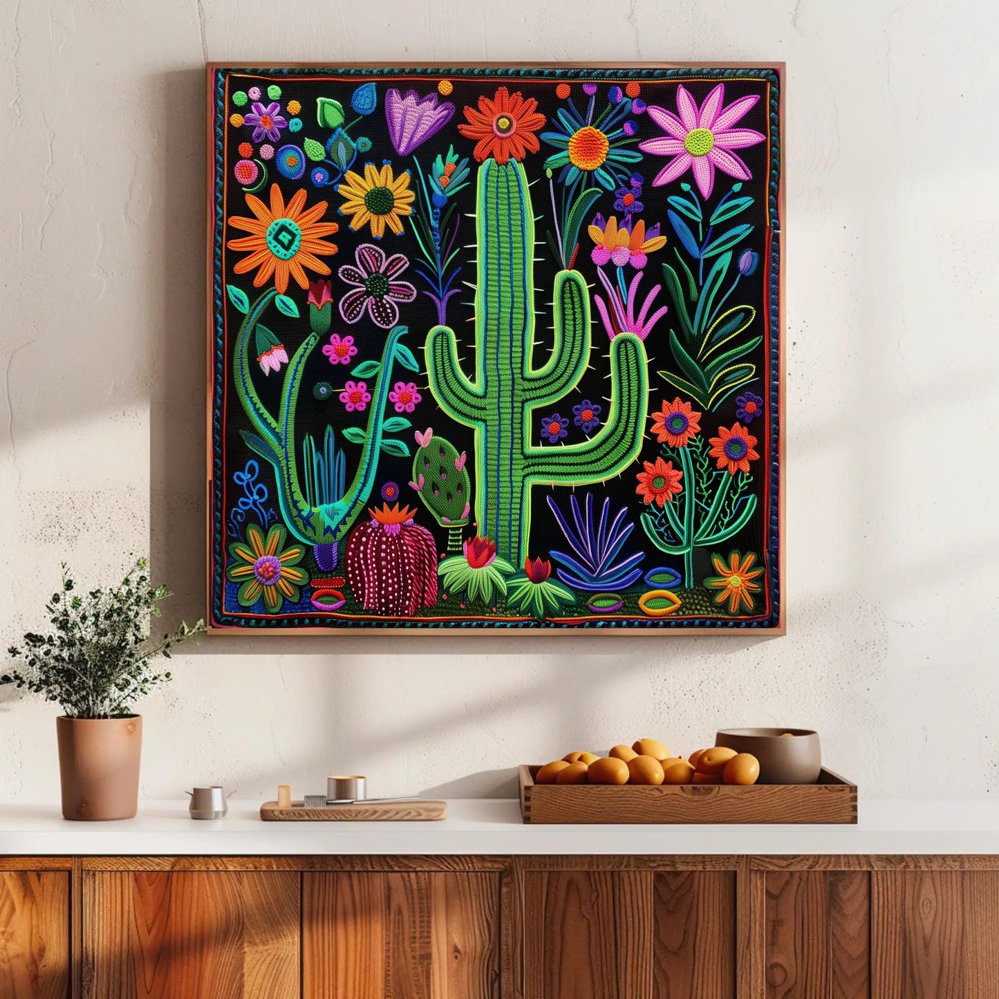 Huichol Cactus Flower Art - Vibrant Mexican Folk Canvas Print | Southwestern Wall Decor - Antarmada
