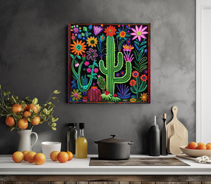 Huichol Cactus Flower Art - Vibrant Mexican Folk Canvas Print | Southwestern Wall Decor - Antarmada