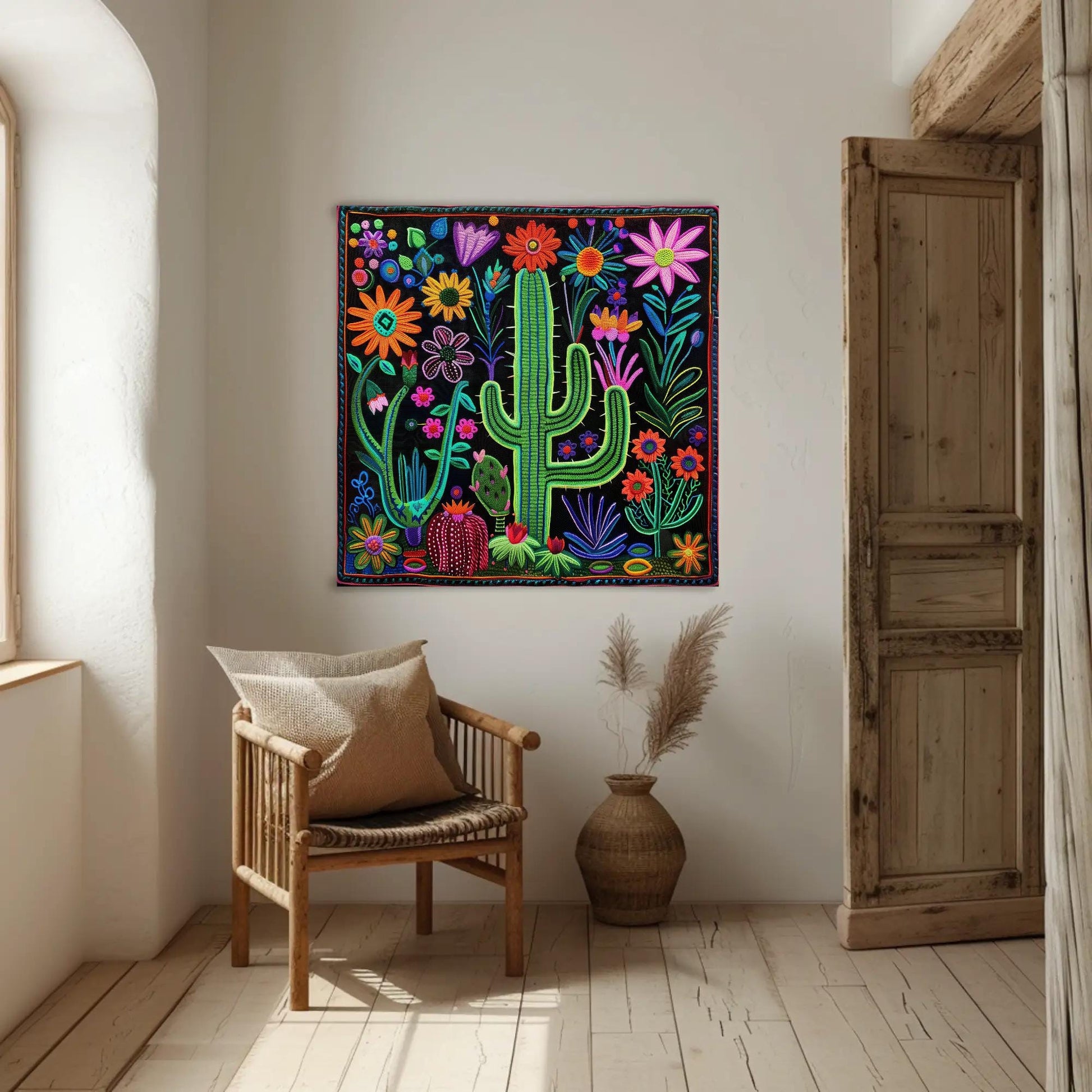 Huichol Cactus Flower Art - Vibrant Mexican Folk Canvas Print | Southwestern Wall Decor - Antarmada