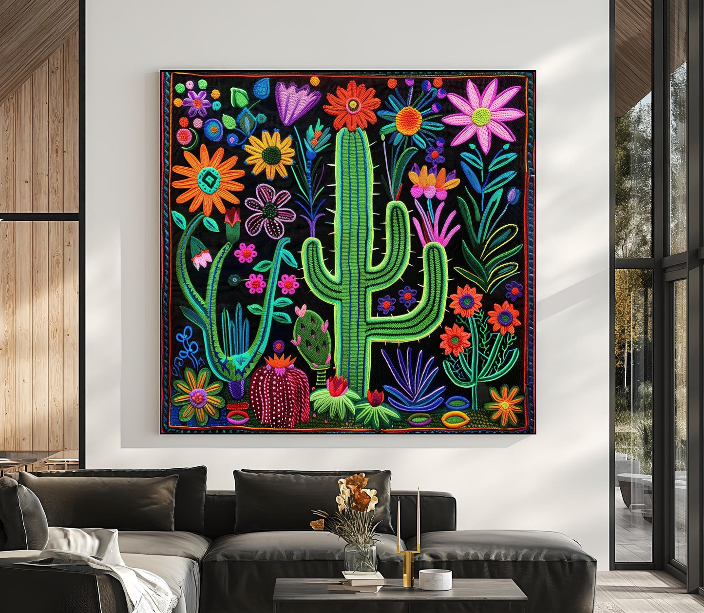 Huichol Cactus Flower Art - Vibrant Mexican Folk Canvas Print | Southwestern Wall Decor - Antarmada