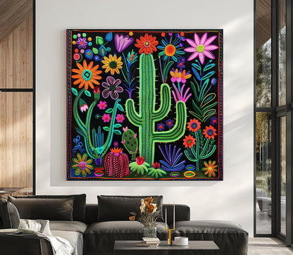 Huichol Cactus Flower Art - Vibrant Mexican Folk Canvas Print | Southwestern Wall Decor - Antarmada