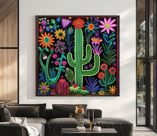 Huichol Cactus Flower Art - Vibrant Mexican Folk Canvas Print | Southwestern Wall Decor - Antarmada