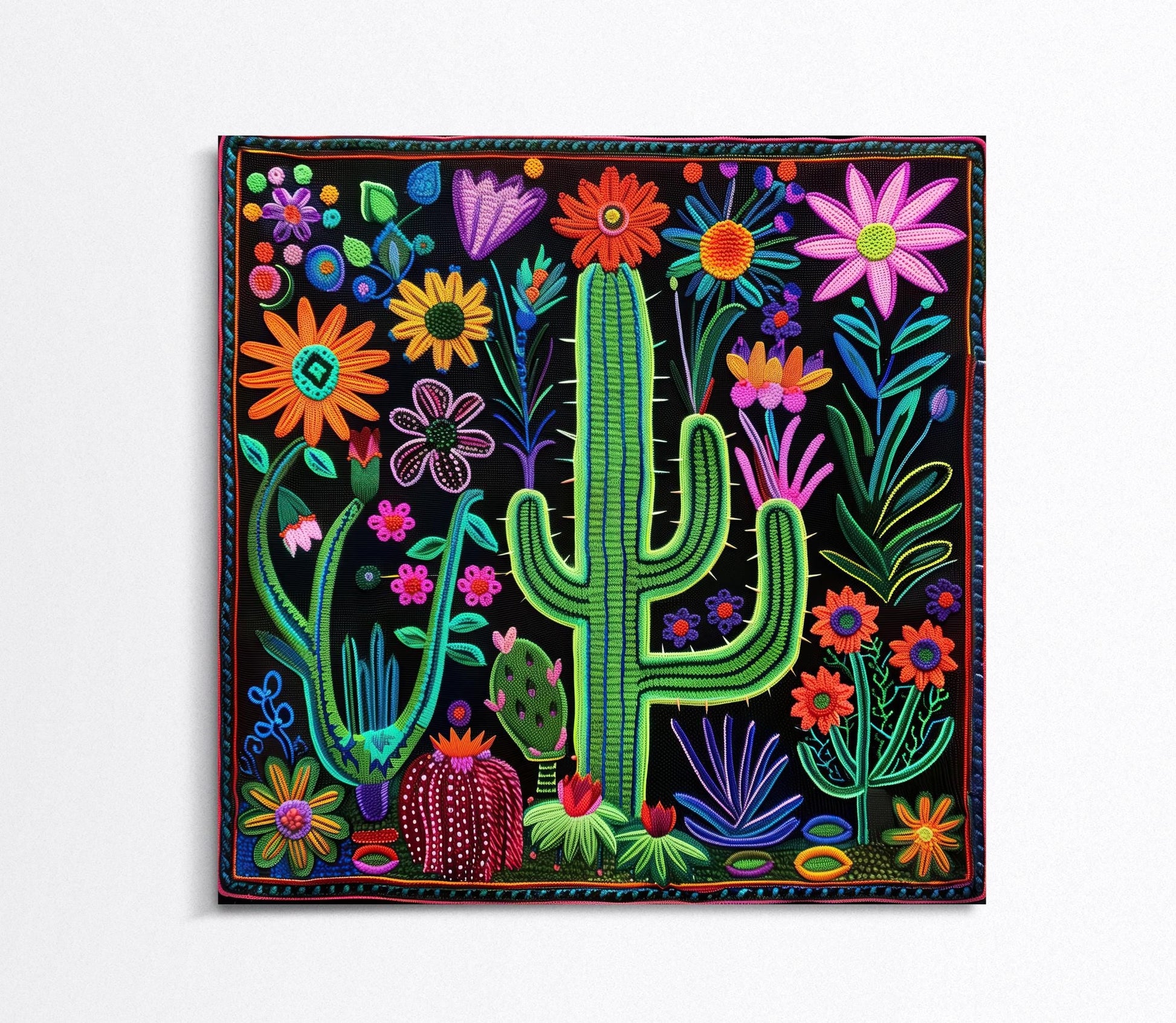 Huichol Cactus Flower Art - Vibrant Mexican Folk Canvas Print | Southwestern Wall Decor - Antarmada
