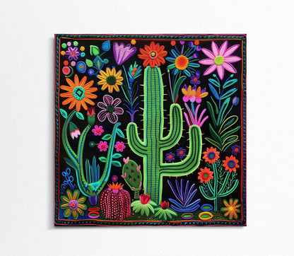 Huichol Cactus Flower Art - Vibrant Mexican Folk Canvas Print | Southwestern Wall Decor - Antarmada