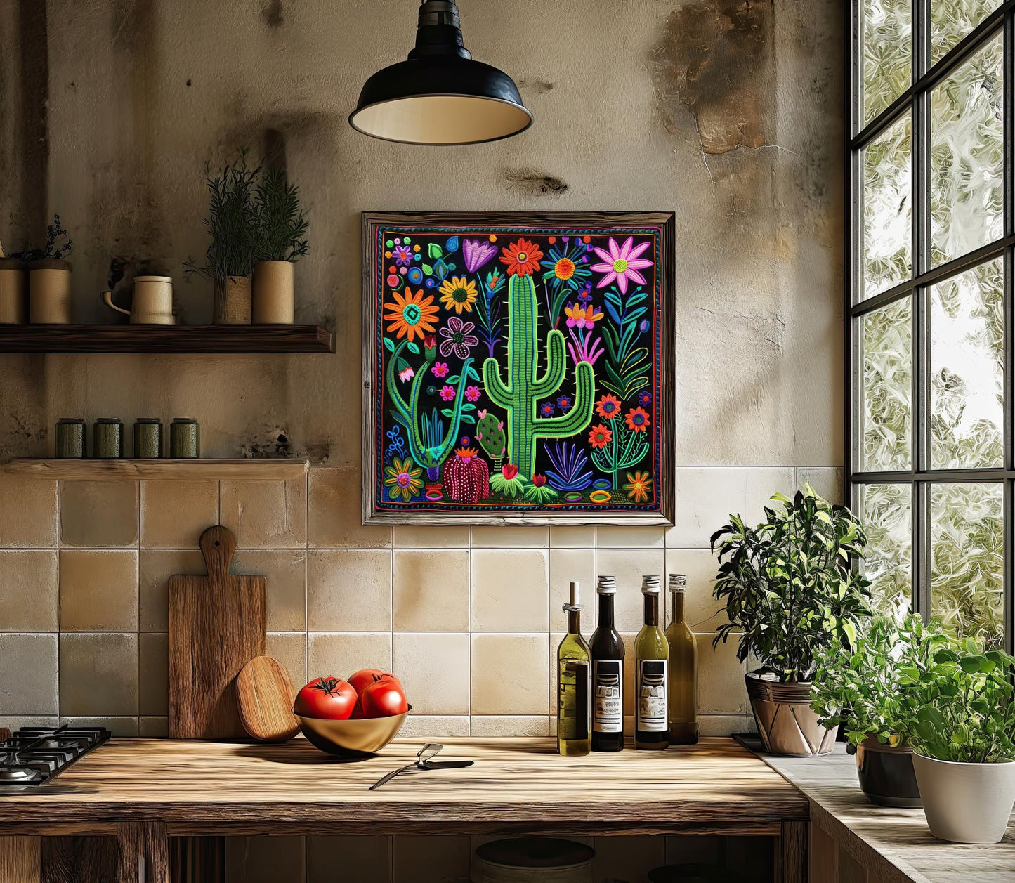 Huichol Cactus Flower Art - Vibrant Mexican Folk Canvas Print | Southwestern Wall Decor - Antarmada