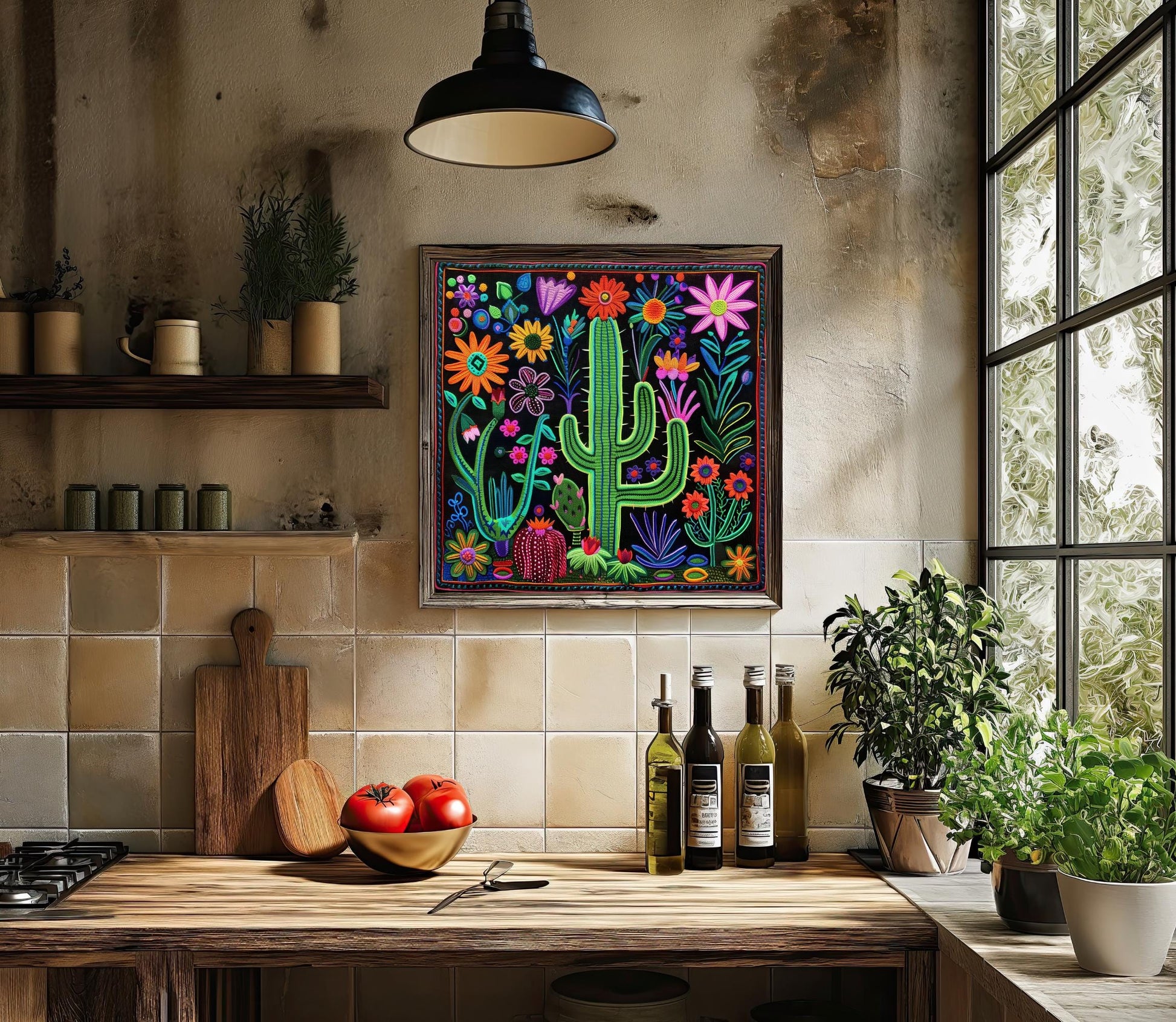 Huichol Cactus Flower Art - Vibrant Mexican Folk Canvas Print | Southwestern Wall Decor - Antarmada