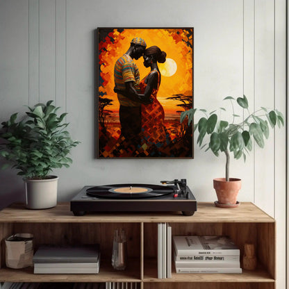 Retro Sunset Black Couple Wall Art Poster, African Landscape Bakcground, Black Couple Art, Black Love Art, African Art, African Wall Art