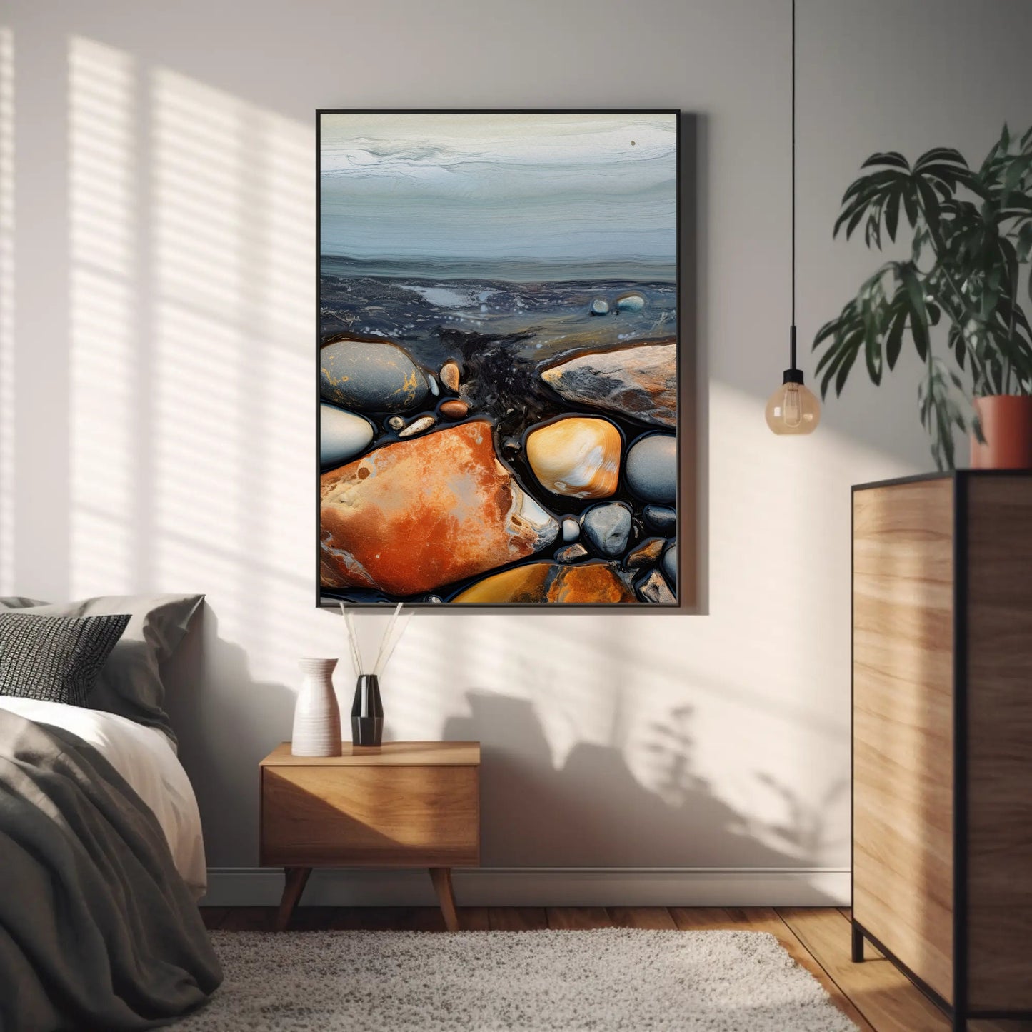 a bedroom with a bed and a painting on the wall