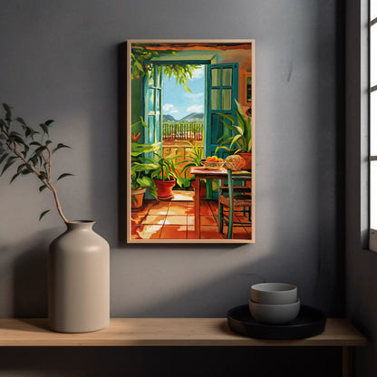 a painting of a room with a table and a vase