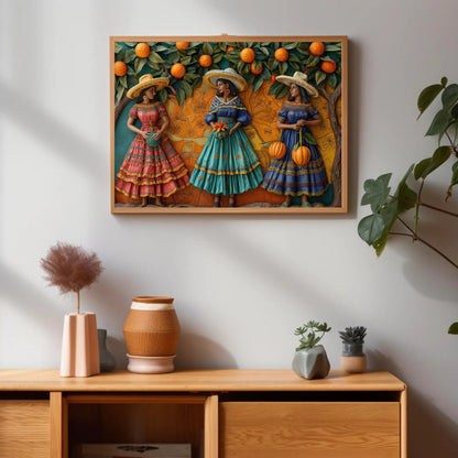 a painting on a wall above a wooden cabinet