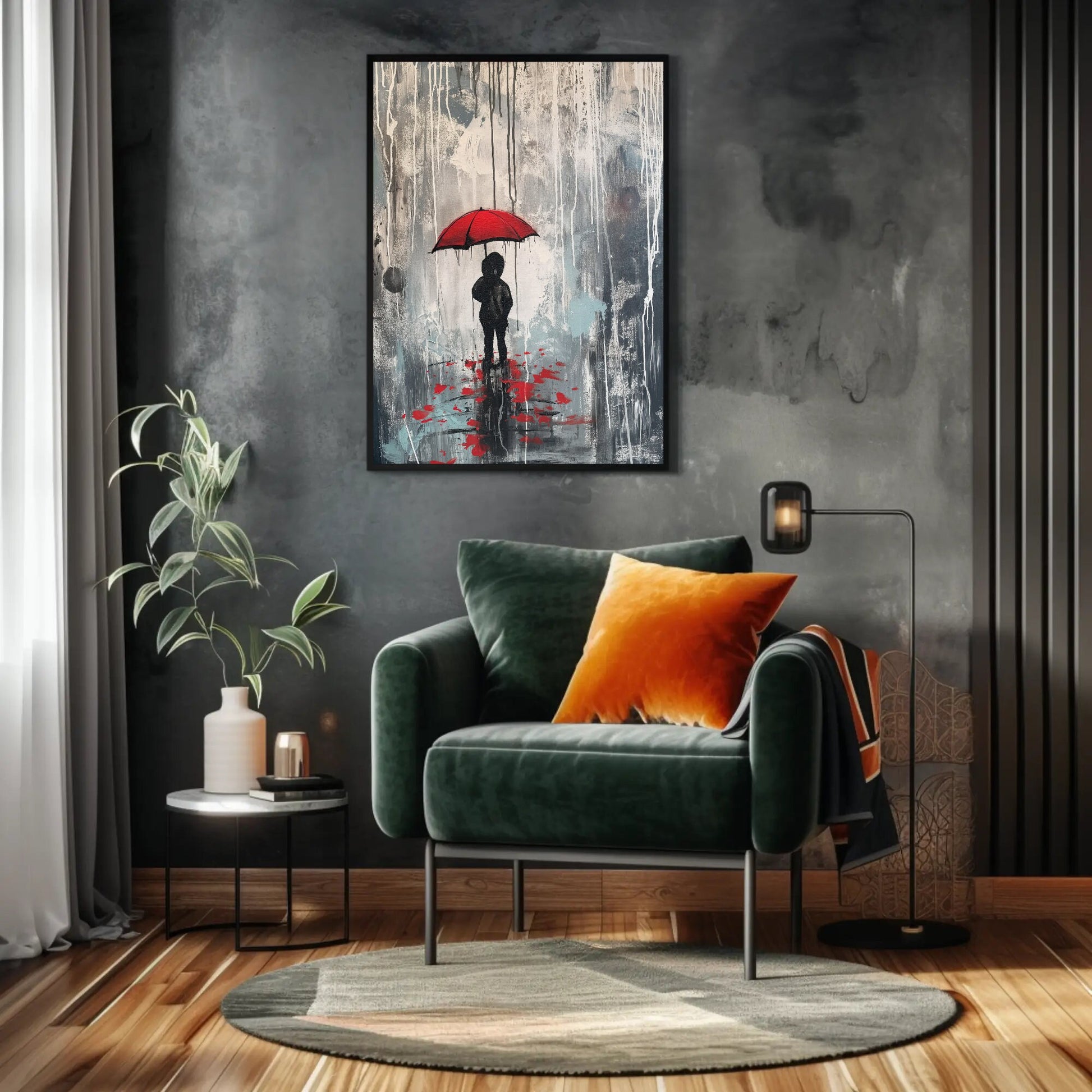 a living room with a couch and a painting on the wall