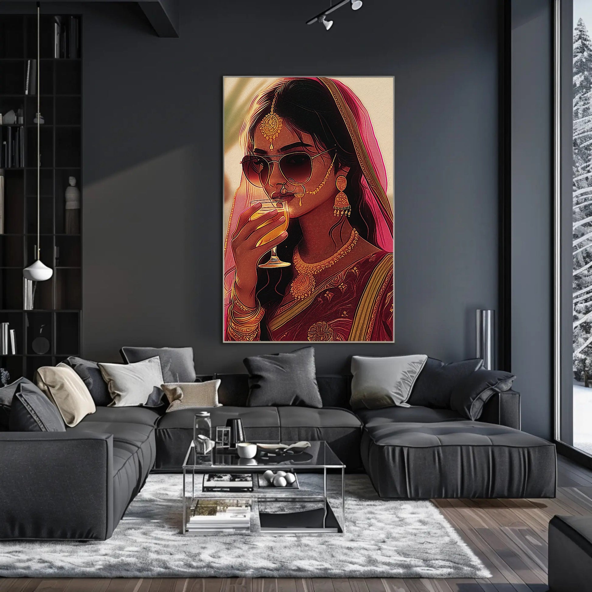 a living room with a couch and a painting on the wall