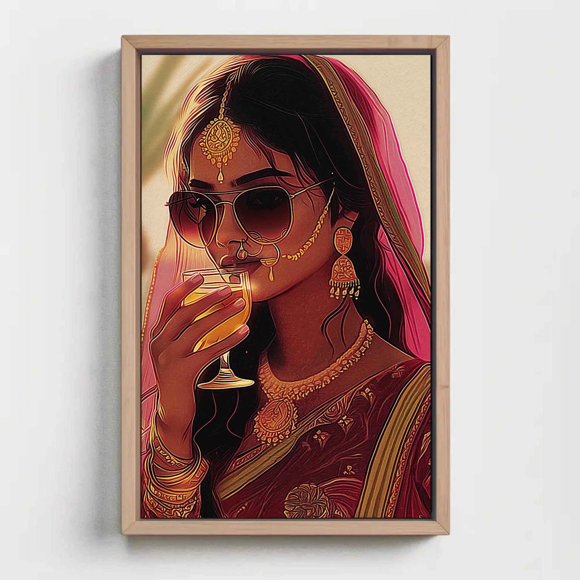 Modern Woman Drinking Wine Illustration Print, Brown Girl Art, Desi Girl Wall Art, Girls Room Print, Desi Wall Art, South Asian Decor - Antarmada