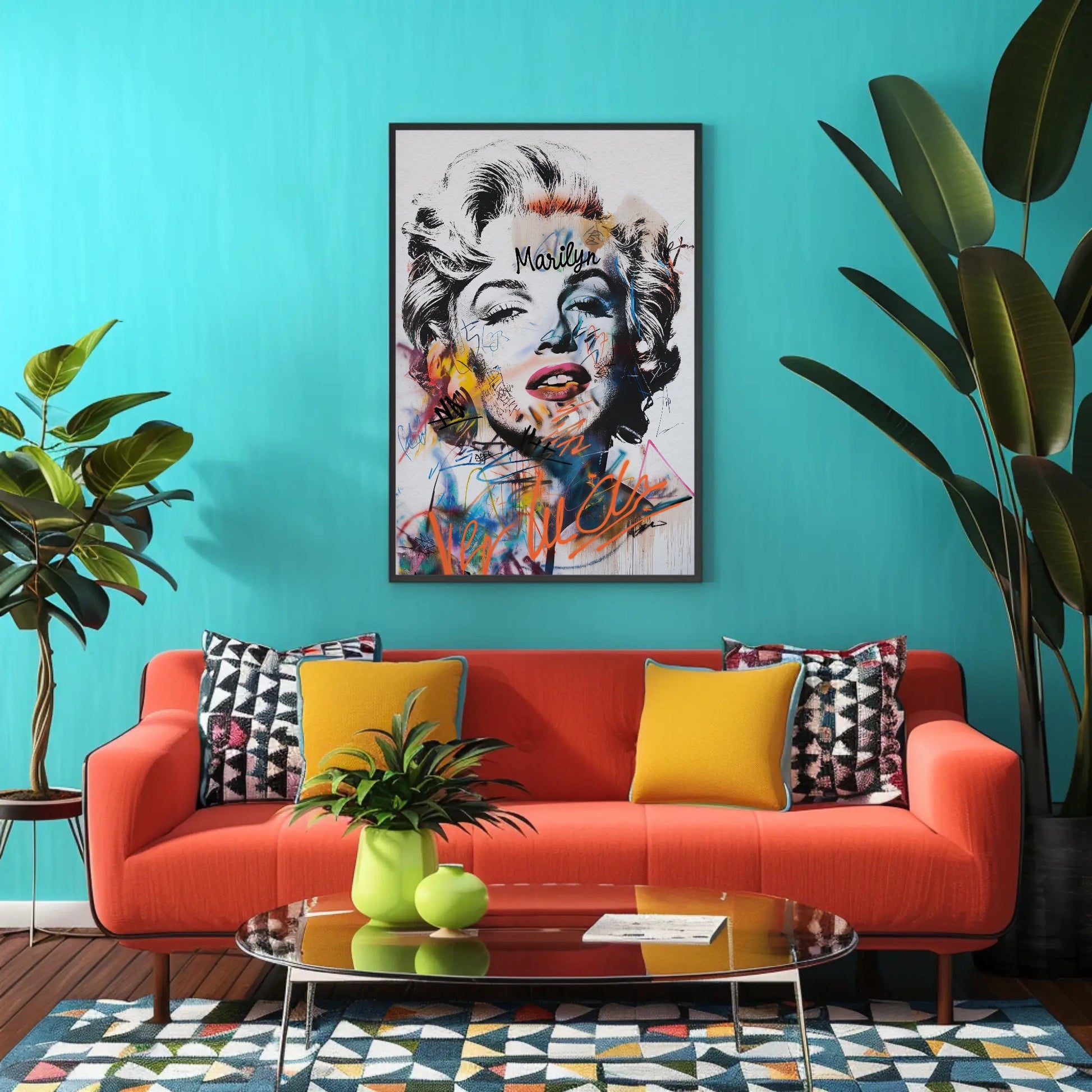 a living room with a red couch and a painting on the wall