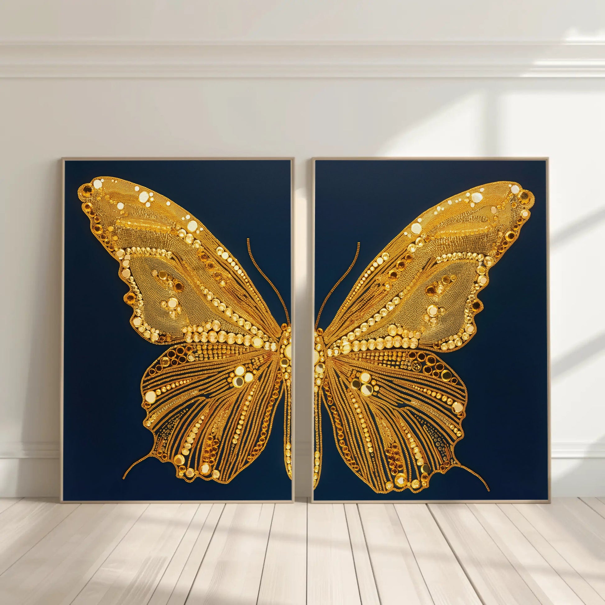 Crystal Gold Butterfly Set of 2, Canvas Paintings, Framed Prints, Elegant Poster Art, Modern Decor, Ready to Hang, Living Room or Bedroom - Antarmada