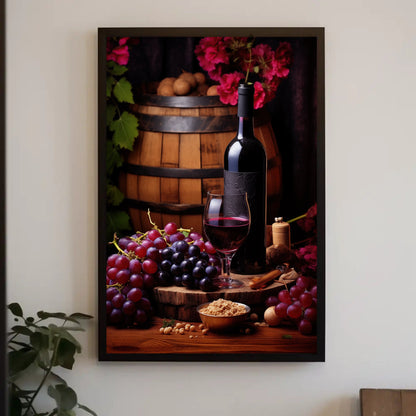 Red Wine and Barrel Canvas Painting, Framed Print, Perfect for Rustic and Wine Cellar Decor, Ready to Hang, Ideal for Dining Room or Kitchen