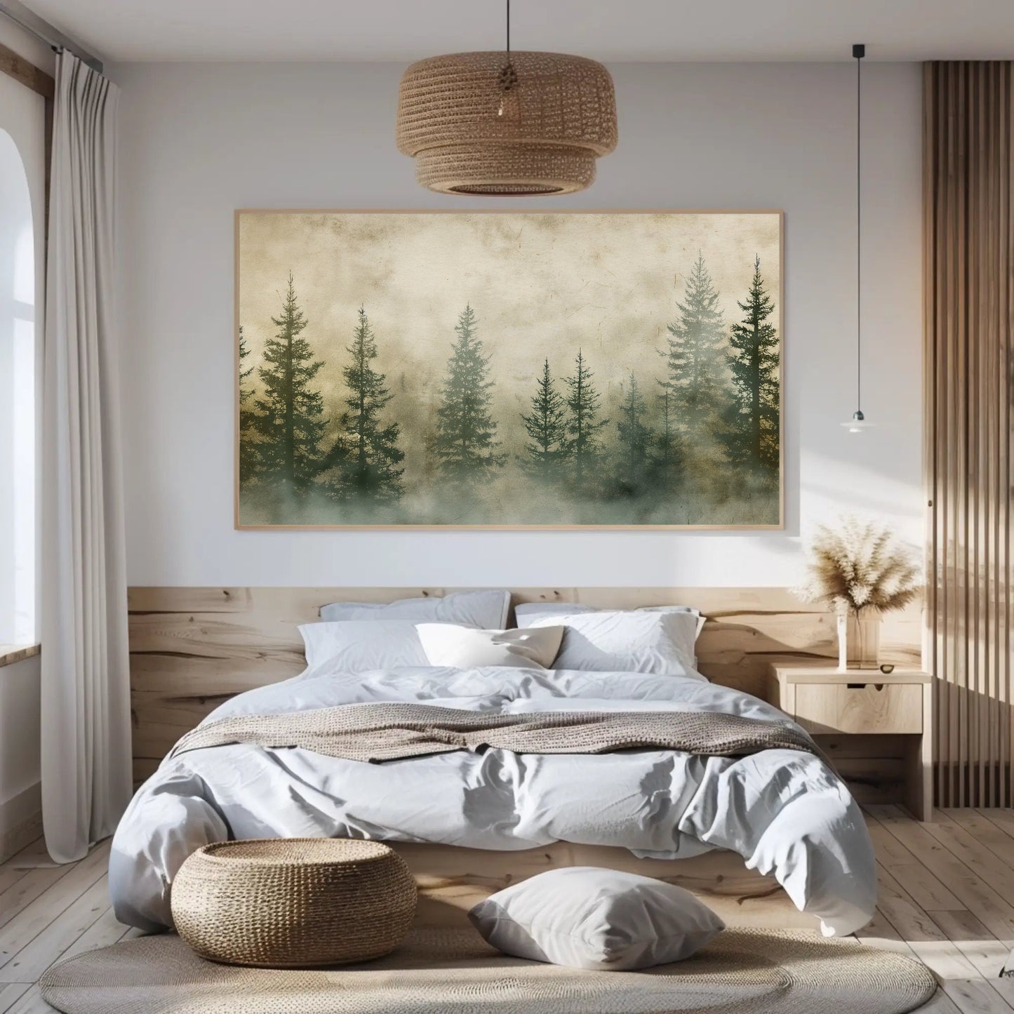 a bedroom with a large painting hanging above the bed