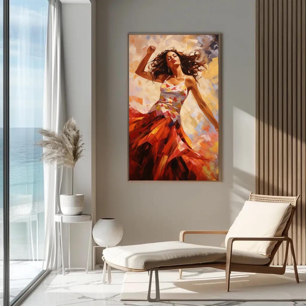 a painting of a woman in a red dress