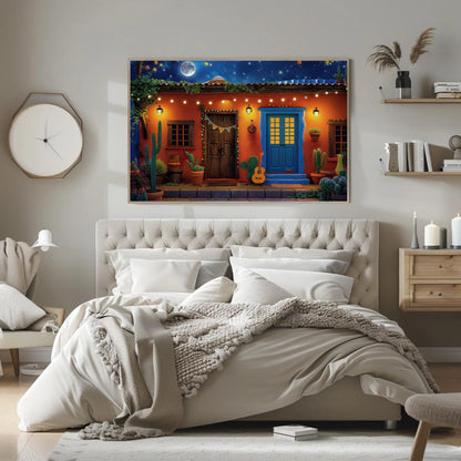 a bed room with a neatly made bed and a painting on the wall