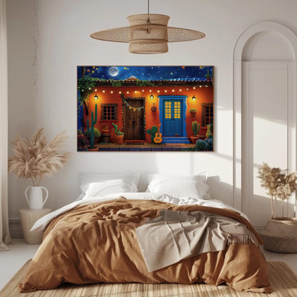 a bedroom with a bed and a painting on the wall