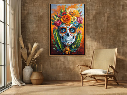 a painting of a skull with flowers on it
