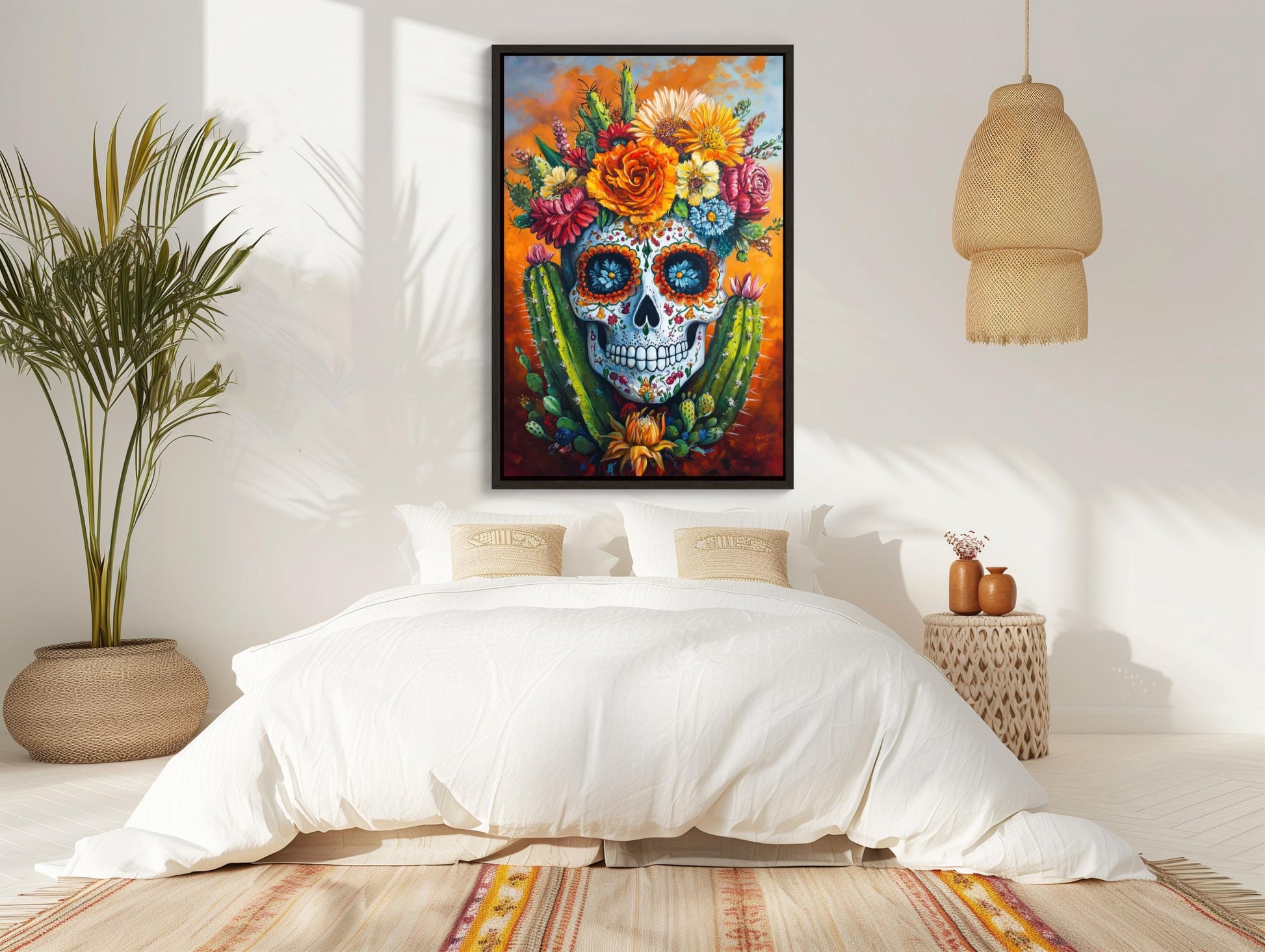 a painting of a skull with flowers on its head