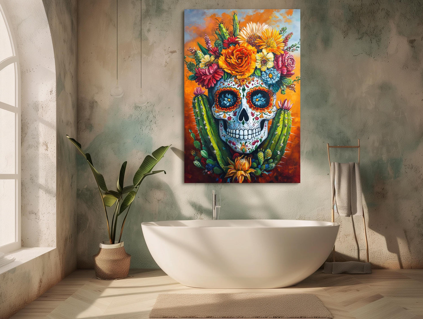 a painting of a skull with flowers on its head