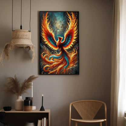 a painting of a bird on a wall above a chair
