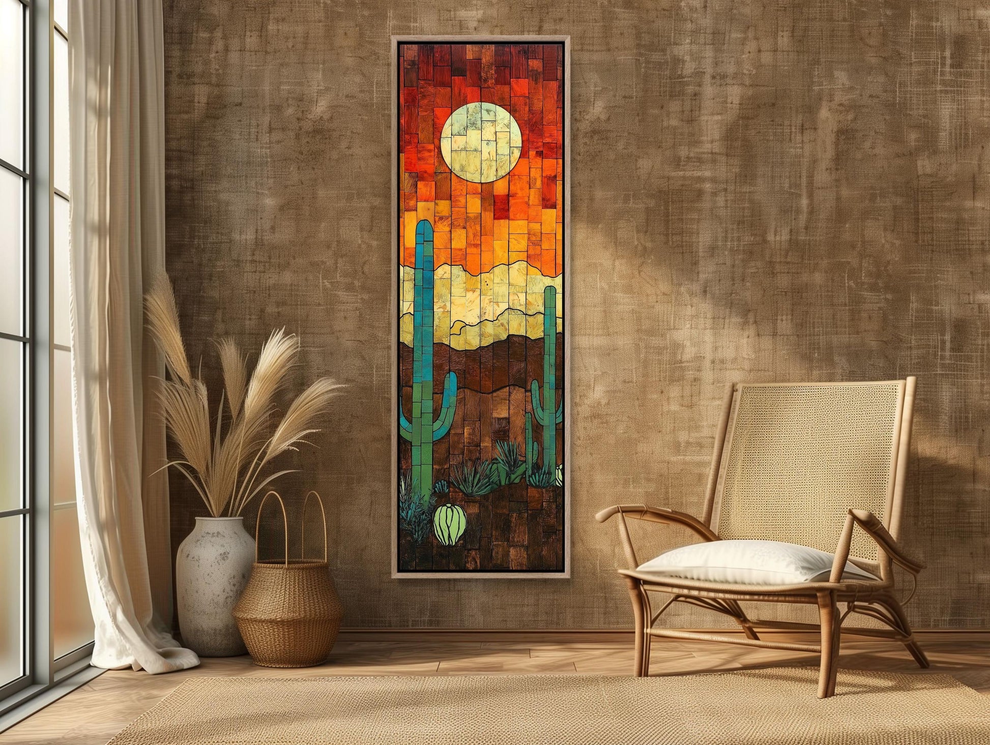Sunset and Cactus Wood Wall Art - Rustic Desert Sunset Painting - Extra Large Tall and Narrow Western Decor - Southwestern Landscape Wall Art – Canvas Print