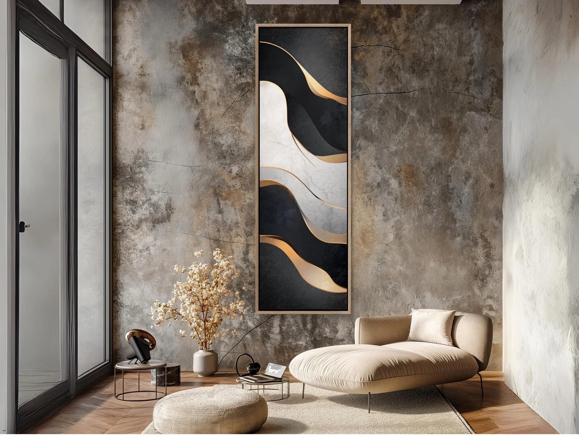 Muted Black and White with Gold Modern Design Vertical Canvas Print, Tall Narrow Abstract Wall Art for Bedroom or Office, Ready to Hang Wall Art – Canvas Print