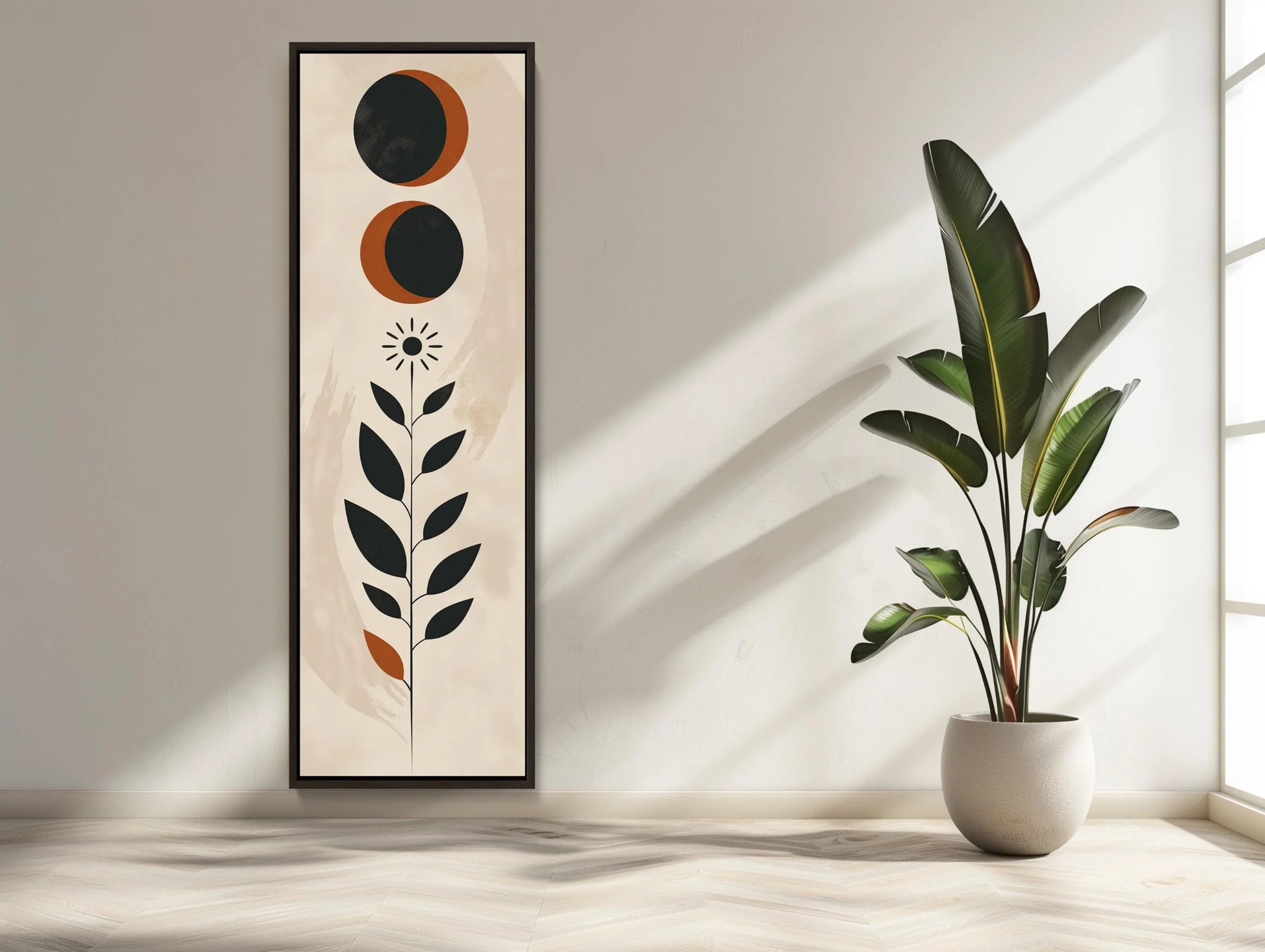 Moon and Leaves Minimalist Tall Narrow Canvas Art - Long Vertical Wall Decor - Modern Nature-Inspired Home Decor, Ready to Hang Wall Art – Canvas Print