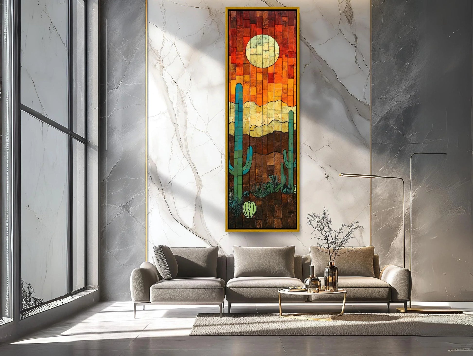 Sunset and Cactus Wood Wall Art - Rustic Desert Sunset Painting - Extra Large Tall and Narrow Western Decor - Southwestern Landscape Wall Art – Canvas Print