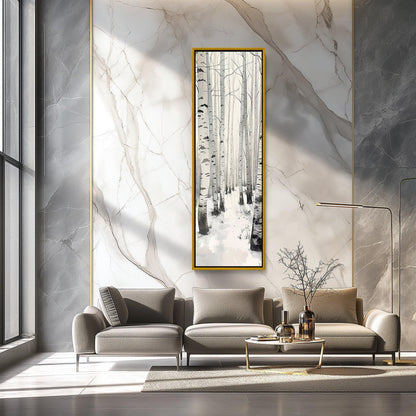White birch grove forest tall narrow canvas print snow birch trees calm nature wall decor white framed canvas winter landscape ready to hang Wall Art – Canvas Print