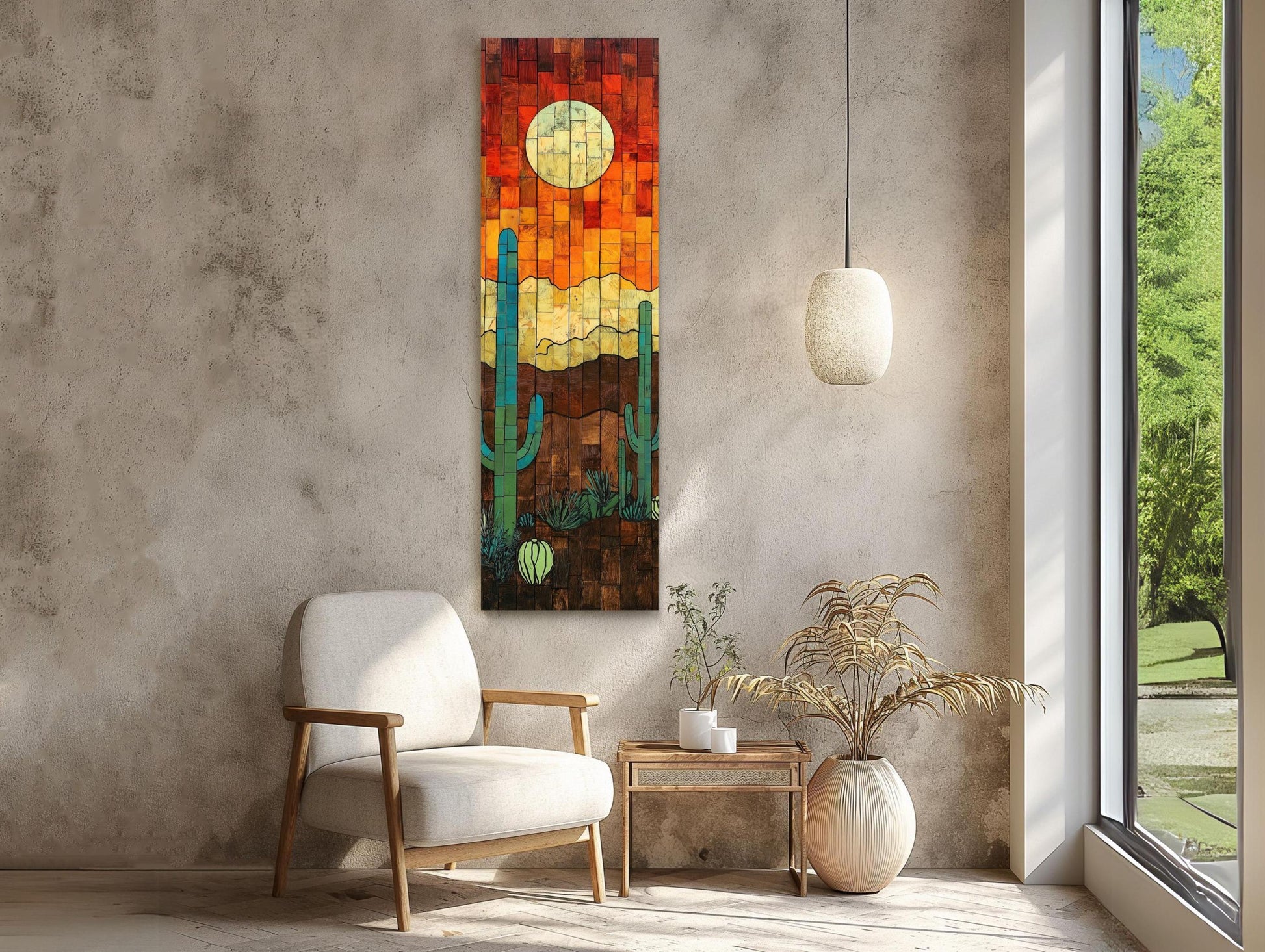 Sunset and Cactus Wood Wall Art - Rustic Desert Sunset Painting - Extra Large Tall and Narrow Western Decor - Southwestern Landscape Wall Art – Canvas Print