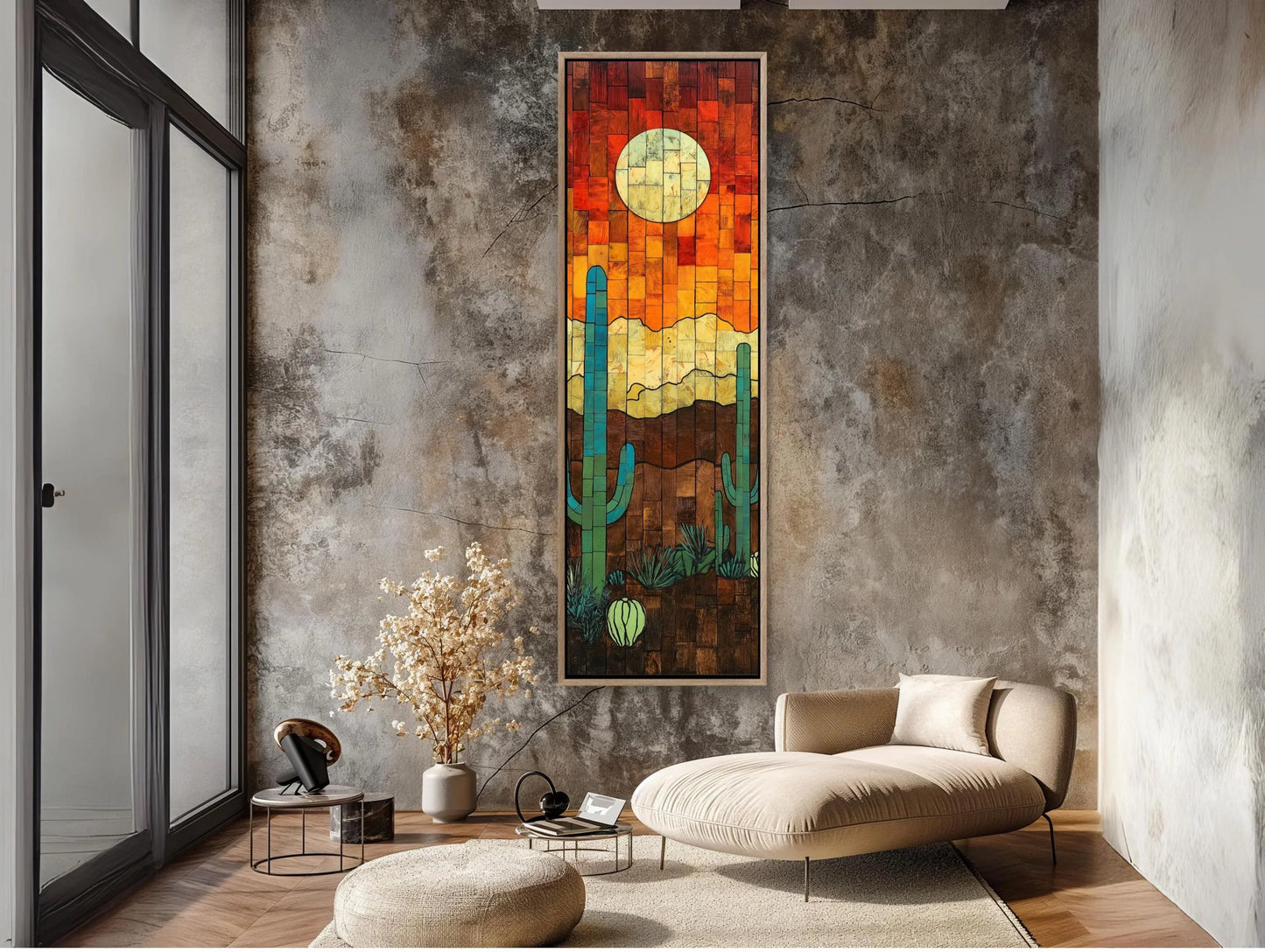 Sunset and Cactus Wood Wall Art - Rustic Desert Sunset Painting - Extra Large Tall and Narrow Western Decor - Southwestern Landscape Wall Art – Canvas Print