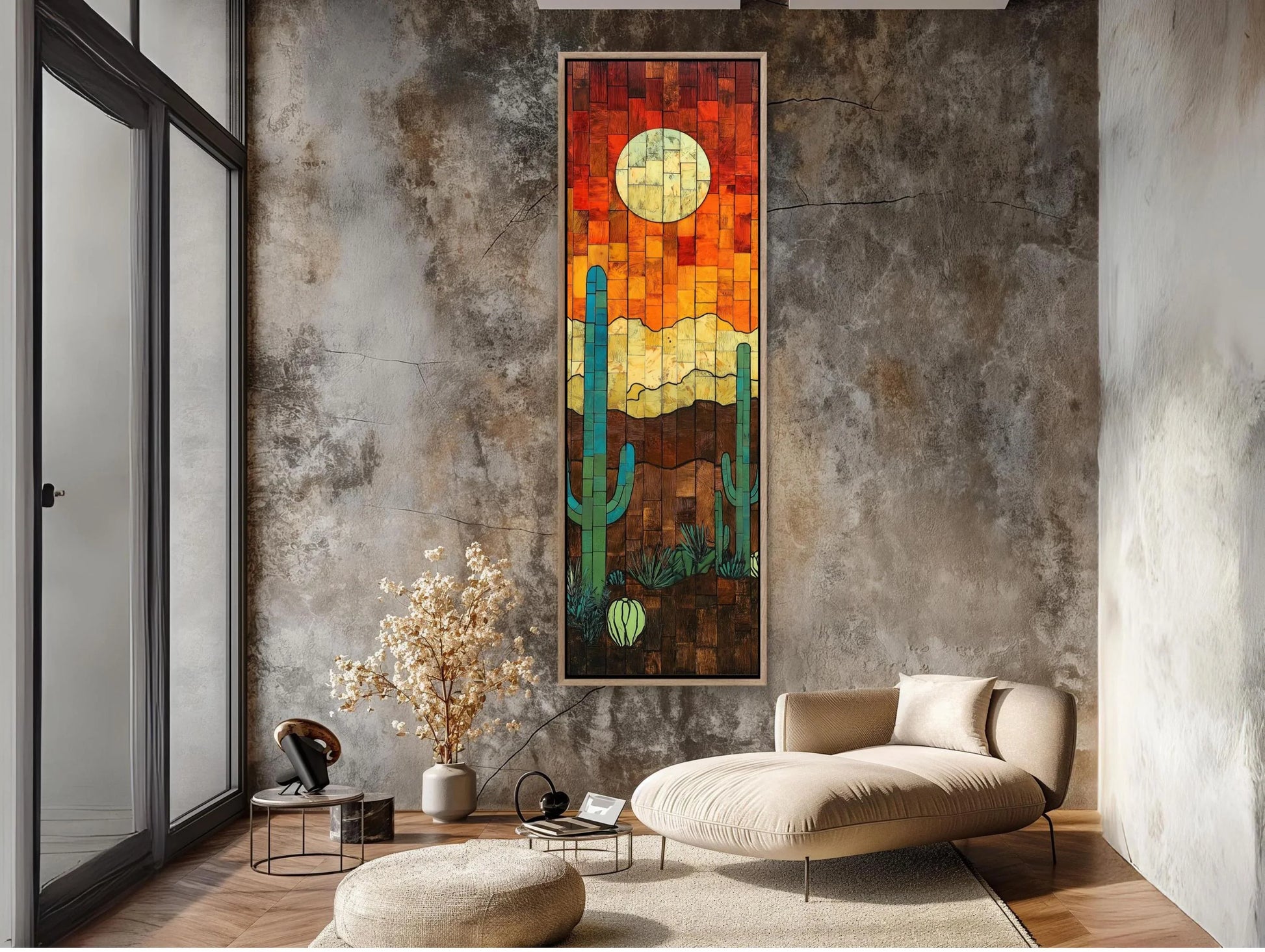 Sunset and Cactus Wood Wall Art - Rustic Desert Sunset Painting - Extra Large Tall and Narrow Western Decor - Southwestern Landscape Wall Art – Canvas Print