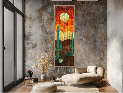Sunset and Cactus Wood Wall Art - Rustic Desert Sunset Painting - Extra Large Tall and Narrow Western Decor - Southwestern Landscape Wall Art – Canvas Print