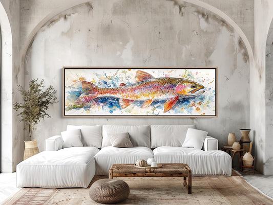 Rainbow Trout Watercolor Painting, Panoramic Fishing Wall Art, Framed Rustic Decor for Cabin or Man Cave, Ready to Hang Wall Art – Canvas Print
