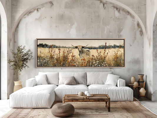 Texas Longhorn Cow in Wildflowers Field Vintage Oil Painting, Large Horizontal Canvas Art, Rustic Farmhouse Wall Decor for Living Room Wall Art – Canvas Print