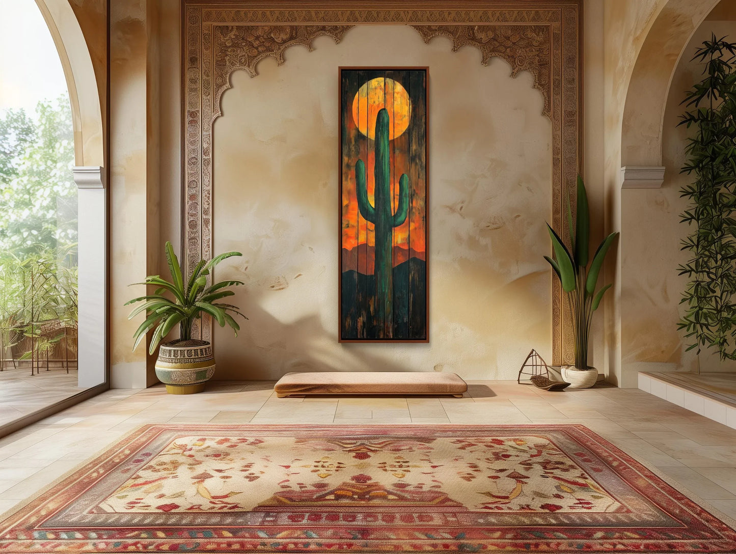Tall and Narrow Cactus Wood Wall Art - Rustic Desert Sunset Painting - Extra Large Vertical Canvas - Western Southwestern Landscape Decor Wall Art – Canvas Print