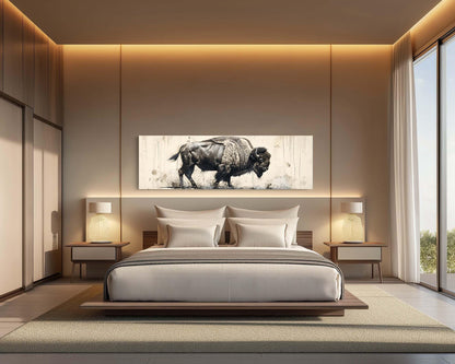 Bison Panoramic Canvas Print | Framed Wall Art | Bison Painting | American Buffalo Art | Wildlife Wall Art | Rustic Decor | Ready To Hang Wall Art – Canvas Print