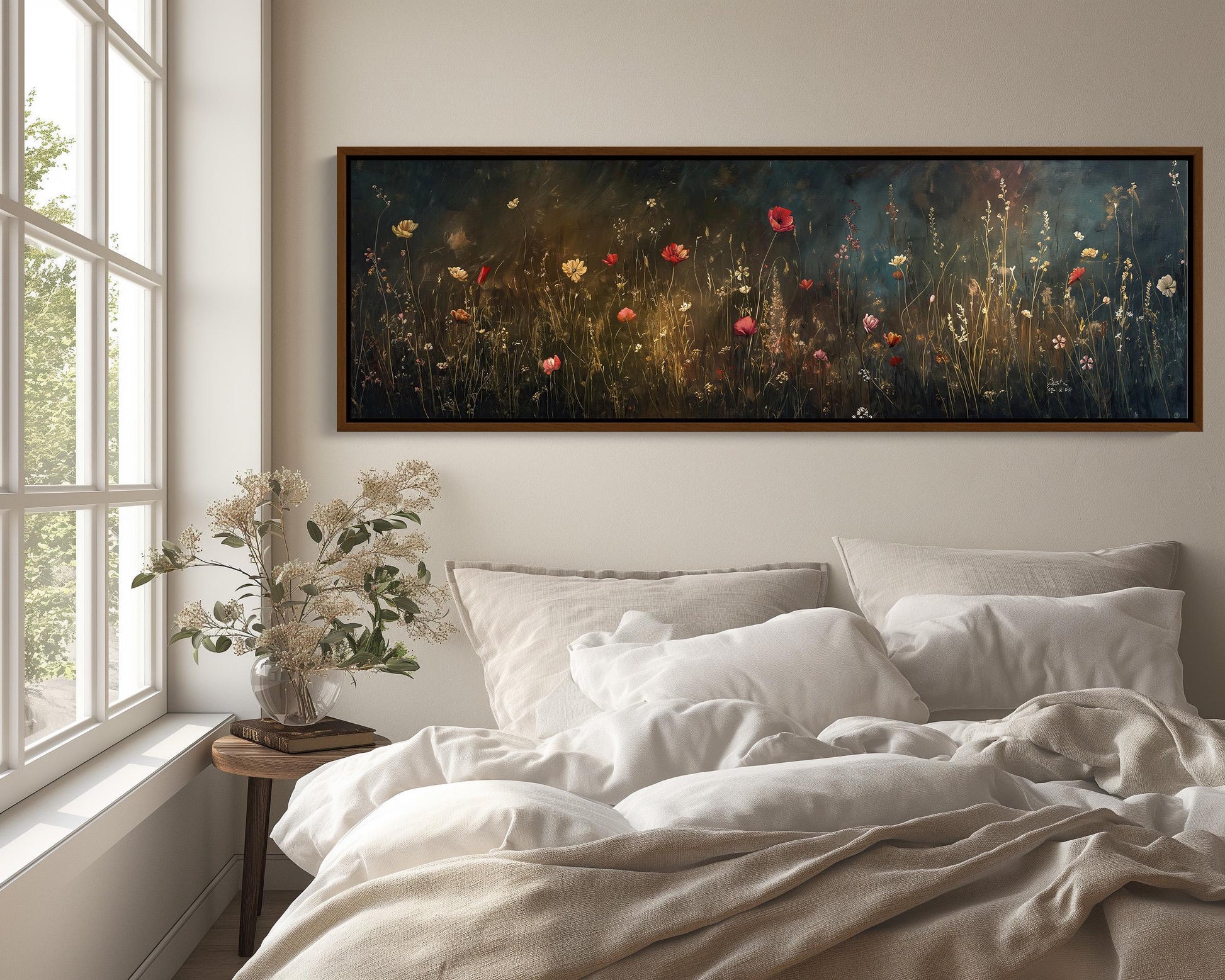 Wildflower Meadow Field Oil Painting - Long Horizontal Canvas Art - Panoramic Dark Academia Wall Decor for Above Bed, Bedroom, Living Room Wall Art – Canvas Print