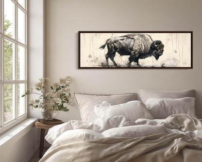 Bison Panoramic Canvas Print | Framed Wall Art | Bison Painting | American Buffalo Art | Wildlife Wall Art | Rustic Decor | Ready To Hang Wall Art – Canvas Print