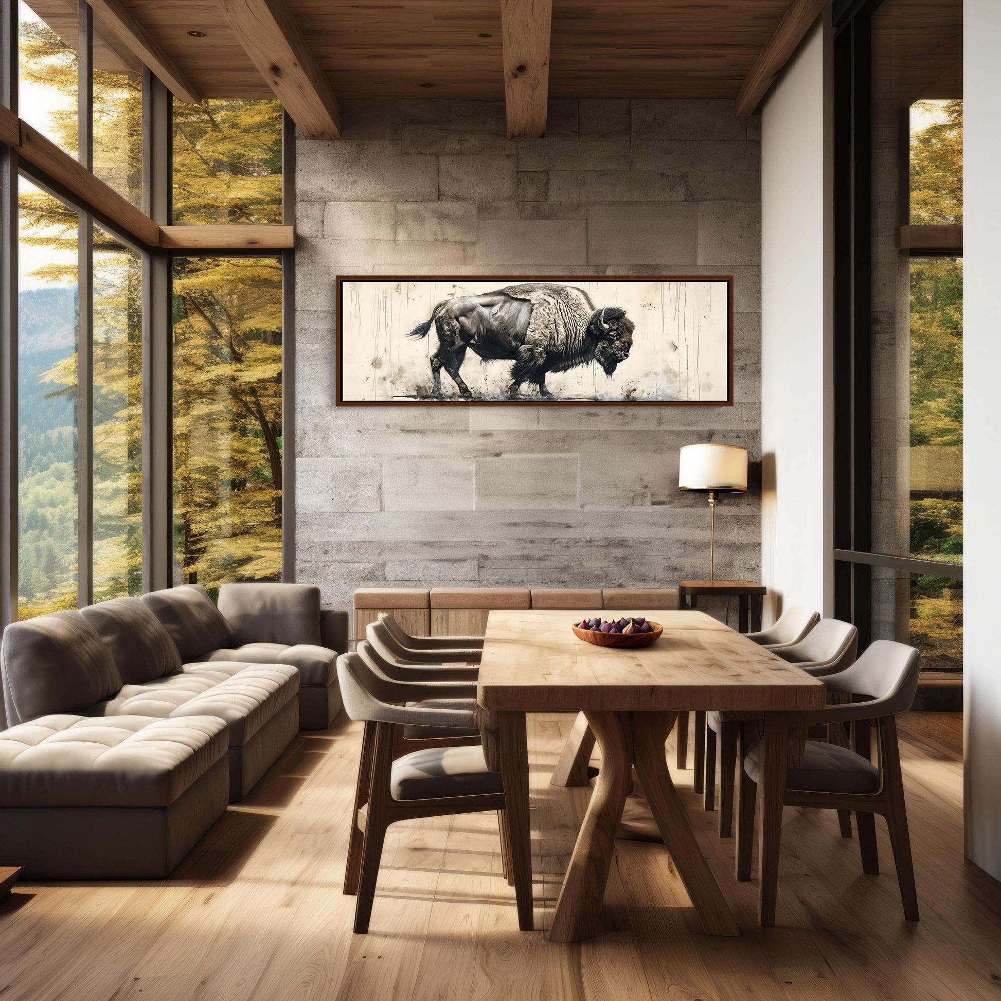 Bison Panoramic Canvas Print | Framed Wall Art | Bison Painting | American Buffalo Art | Wildlife Wall Art | Rustic Decor | Ready To Hang Wall Art – Canvas Print