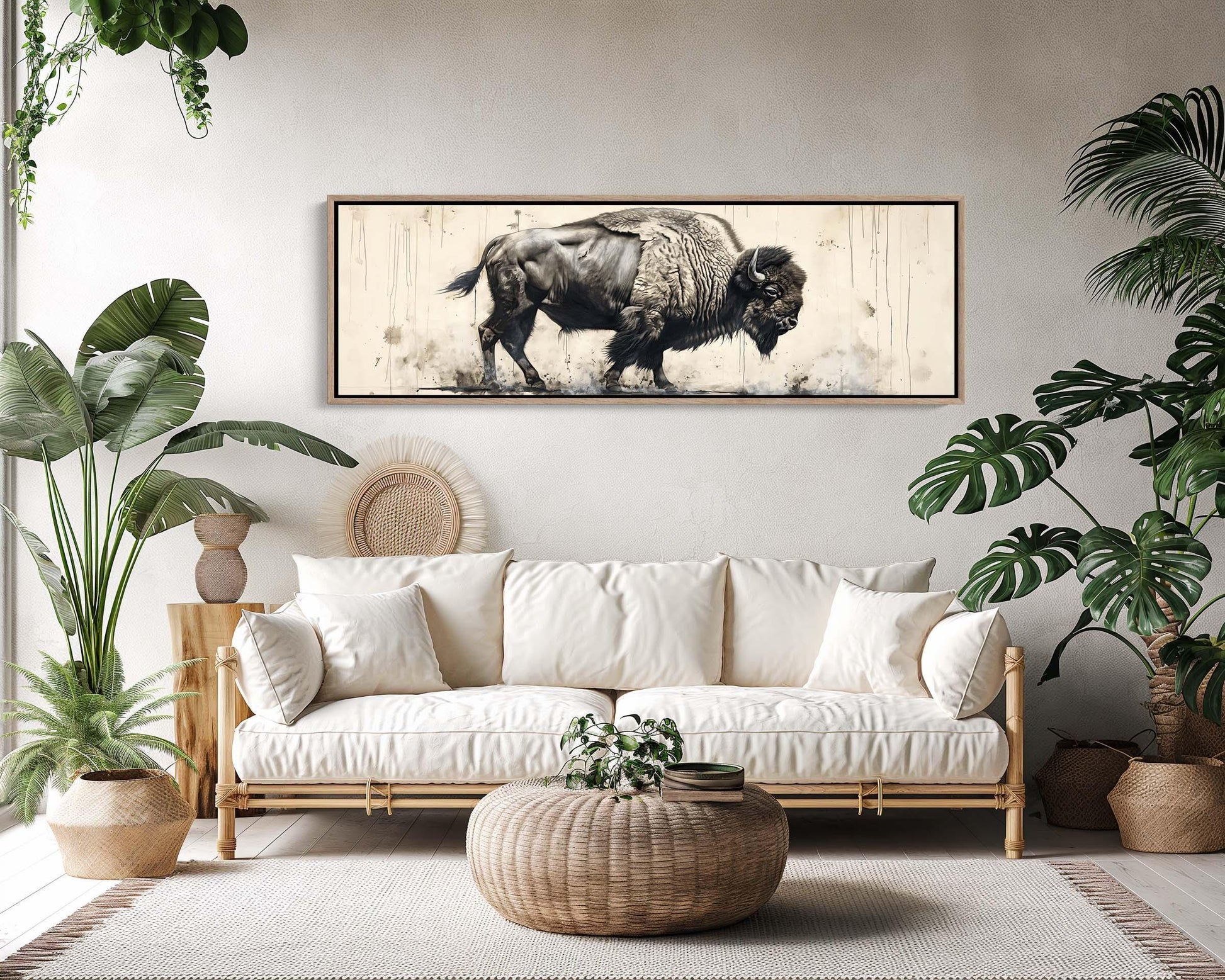 Bison Panoramic Canvas Print | Framed Wall Art | Bison Painting | American Buffalo Art | Wildlife Wall Art | Rustic Decor | Ready To Hang Wall Art – Canvas Print