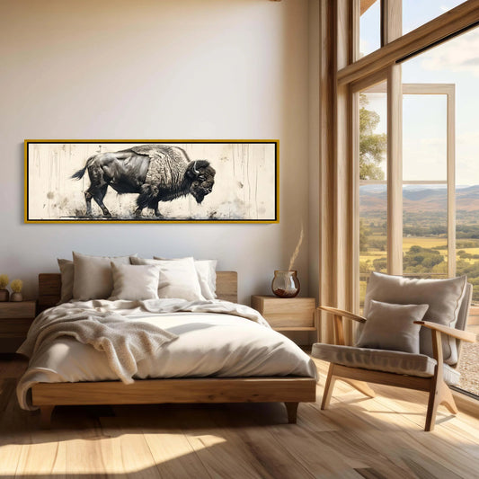 Bison Panoramic Canvas Print | Framed Wall Art | Bison Painting | American Buffalo Art | Wildlife Wall Art | Rustic Decor | Ready To Hang Wall Art – Canvas Print
