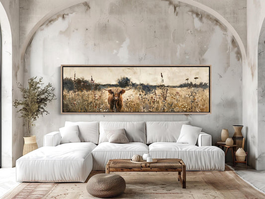 Highland Cow in Wildflowers Field Vintage Oil Painting, Large Horizontal Canvas Art, Rustic Farmhouse Wall Decor for Living Room or Bedroom Wall Art – Canvas Print