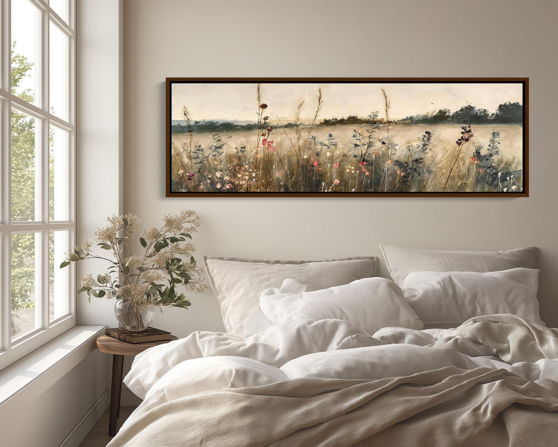 Muted Vintage Wildflowers Field Oil Painting, Long Horizontal Extra Large Canvas Art, Panoramic Rustic Wall Decor for Above the Bed Bedroom Wall Art – Canvas Print